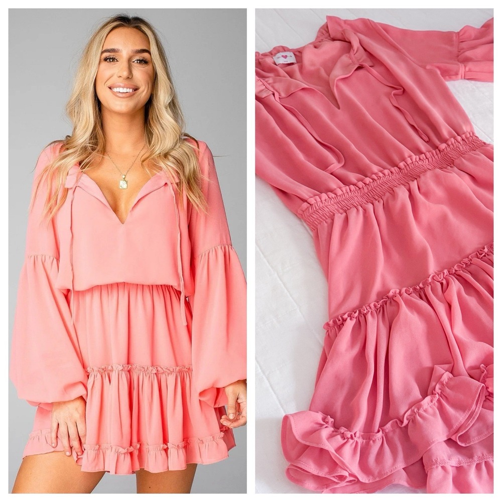 Buddy Love Zozo Long Sleeve Mini Dress MEDIUM In Coral. Balloon Sleeve. Fall‎